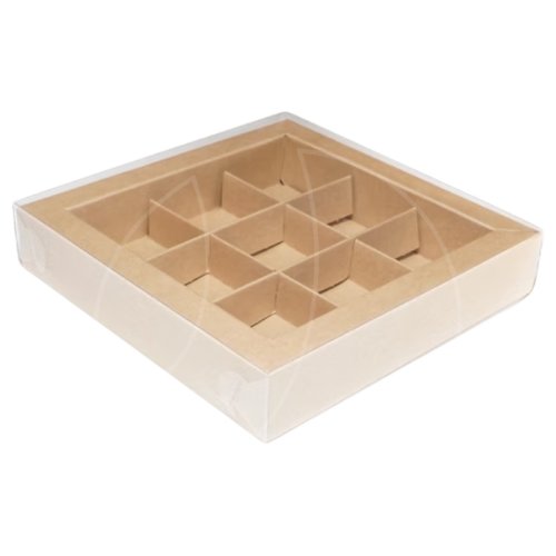 Коробка на 9 конфет с прозрачной крышкой крафт 16,5х16,5х3 см 
